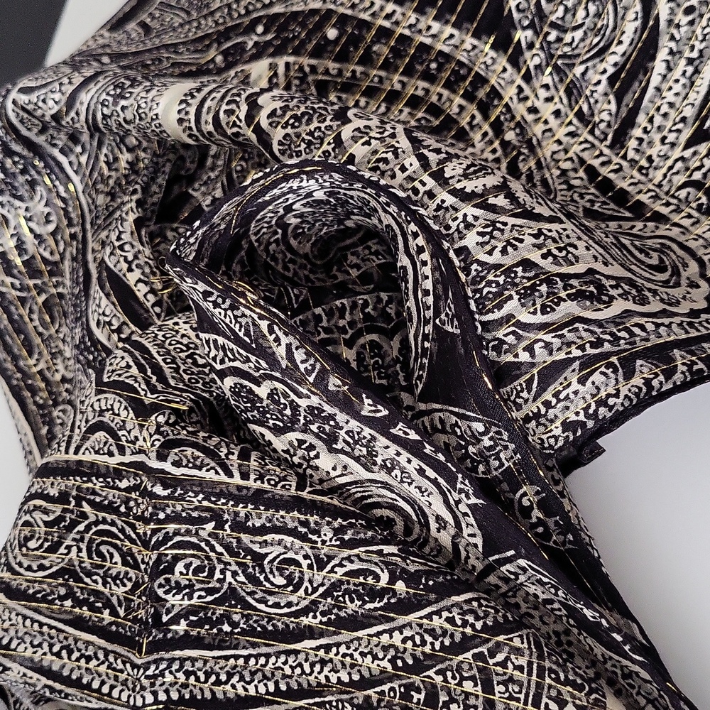ECHO Paisley Silk Scarf Black White & Gold metallic pin stripe 16”x 59”